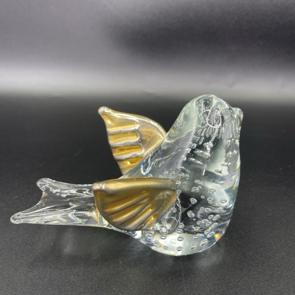 Art Deco Bubble Glass Bird Dove Figurine Paper Weight Gold Metallic Wings Whimsy